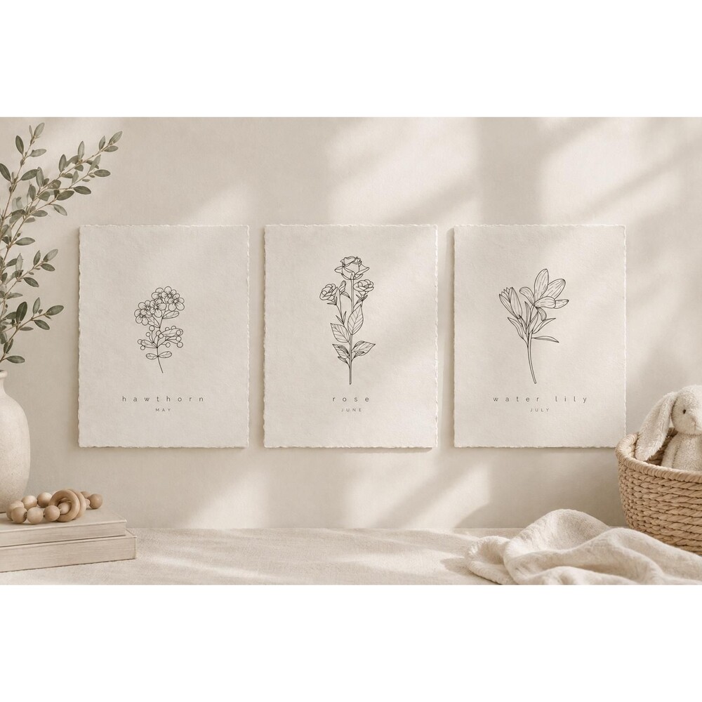 Birth Flower Nursery Prints | Black & White Wildflower Line Art | Minimalist